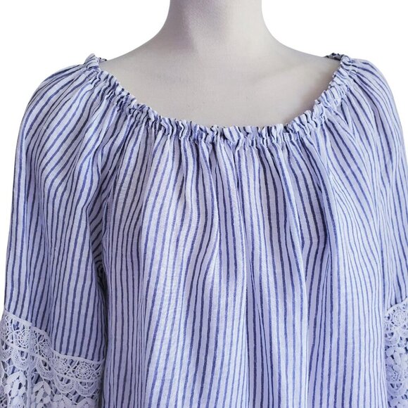 Saks Fifth Avenue 100& Linen Off-or on-Shoulder Blue Striped Lace Blouse Size M - Picture 7 of 16